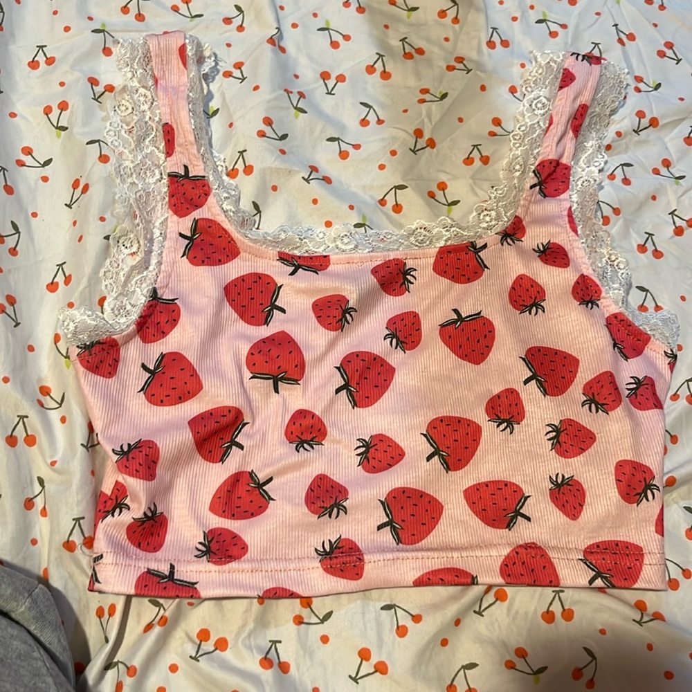 Shein Strawberry Print Lace Tank Top